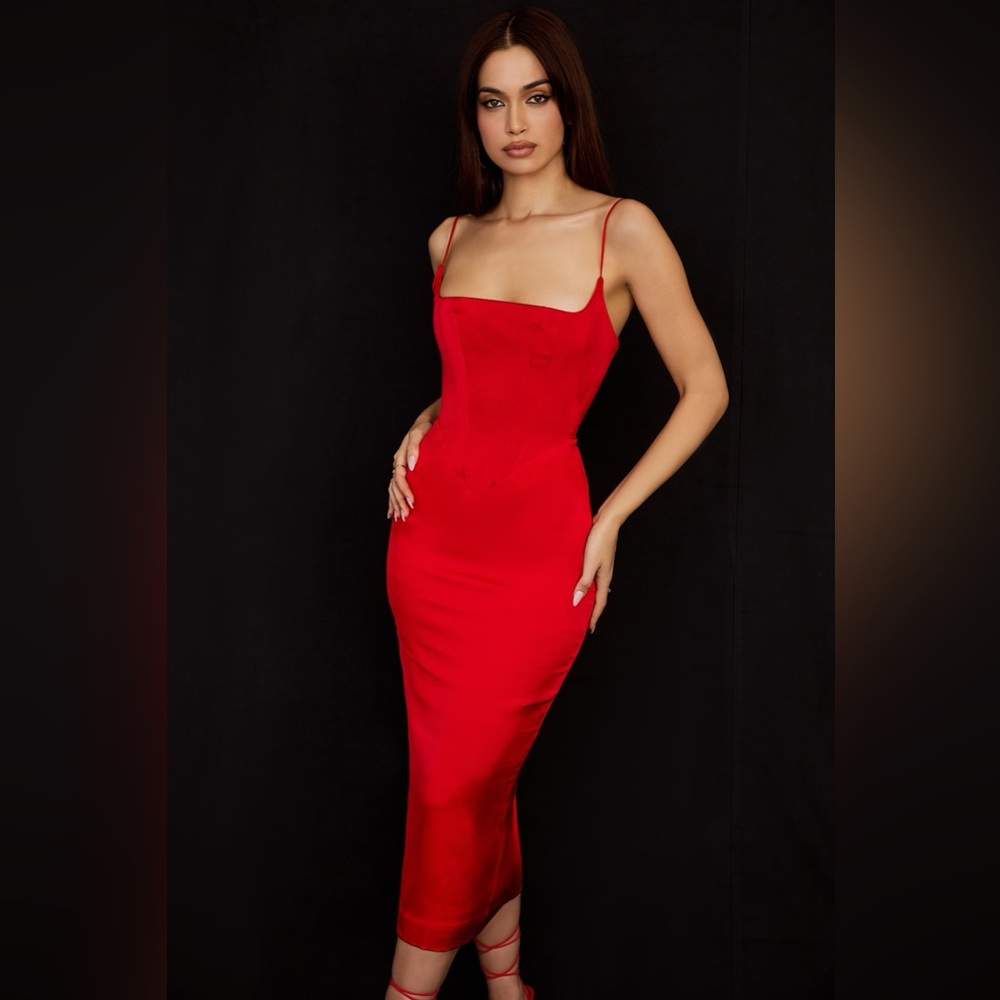 House Of CB ANAIS Scarlet Satin Corset Midi Dress Size XS